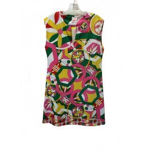 NEW MICHELLE PARISOU women's geo print dress in green/yellow/pink